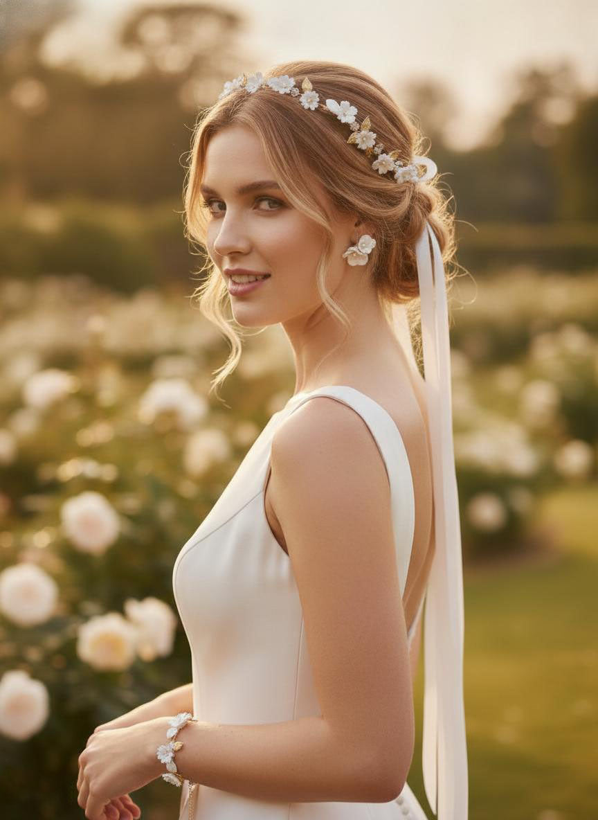 Bride wearing floral bridal jewelry set with flower earrings, pearl hair vine and matching bracelet for garden wedding