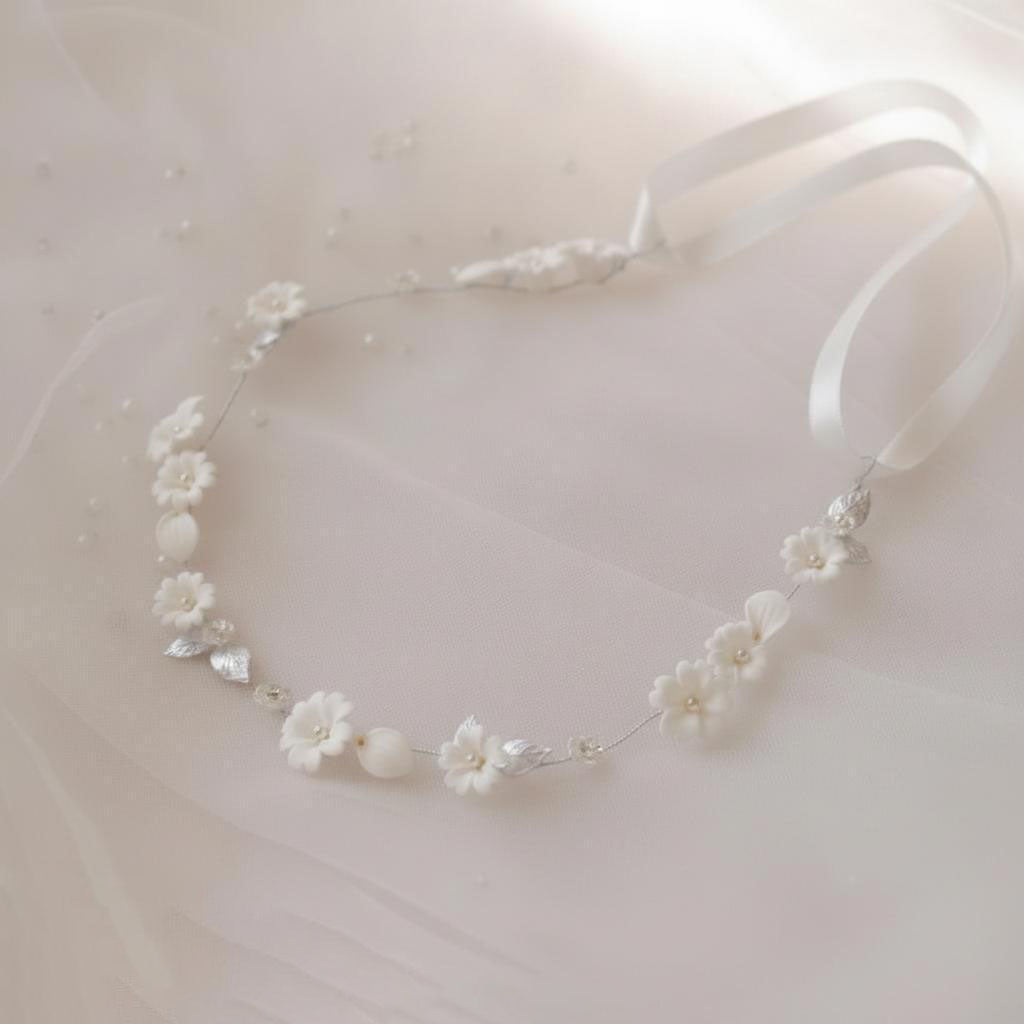 Golden bridal hair vine with white porcelain flowers and pearl beads, 40cm flexible wire wedding hair accessory