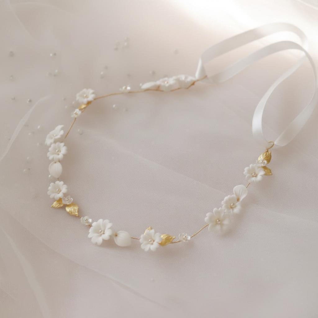 Close-up of handmade ceramic flower and imitation pearl details on gold bridal hair vine
