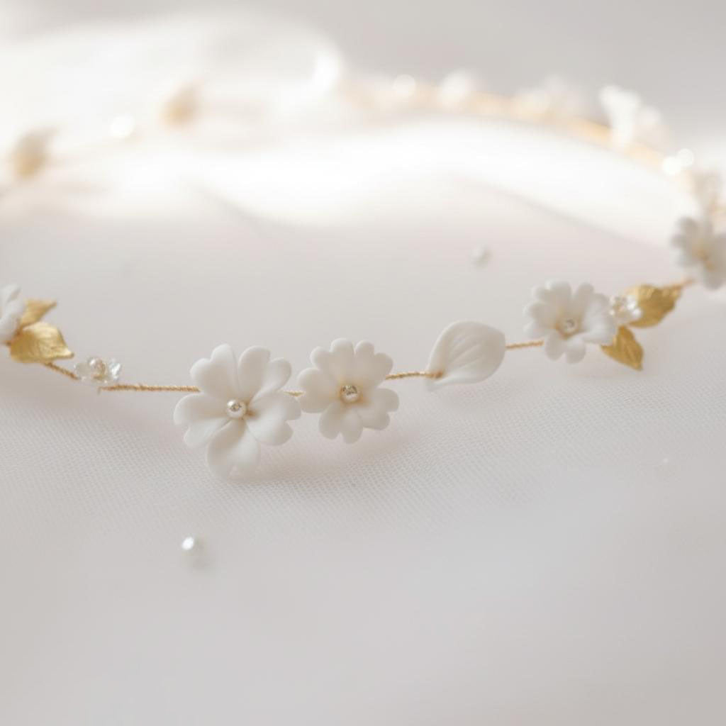 Handmade ceramic flower and imitation pearl details on gold bridal hair vine and bracelet set