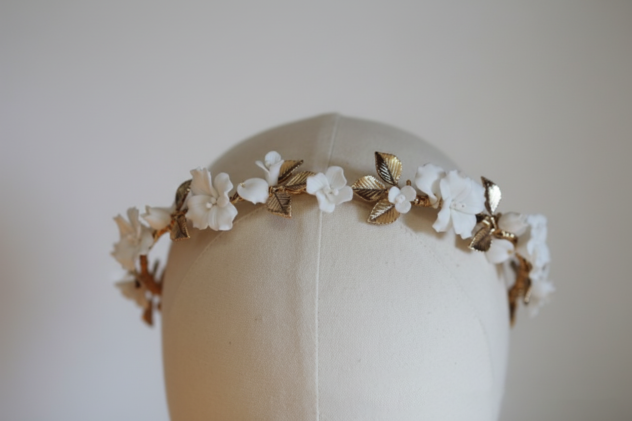 Delicate porcelain blooms handcrafted bridal headpiece