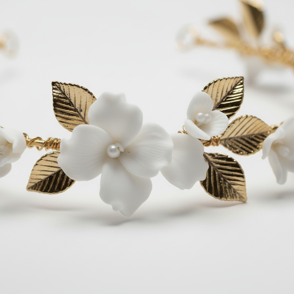 Delicate porcelain blooms handcrafted bridal headpiece