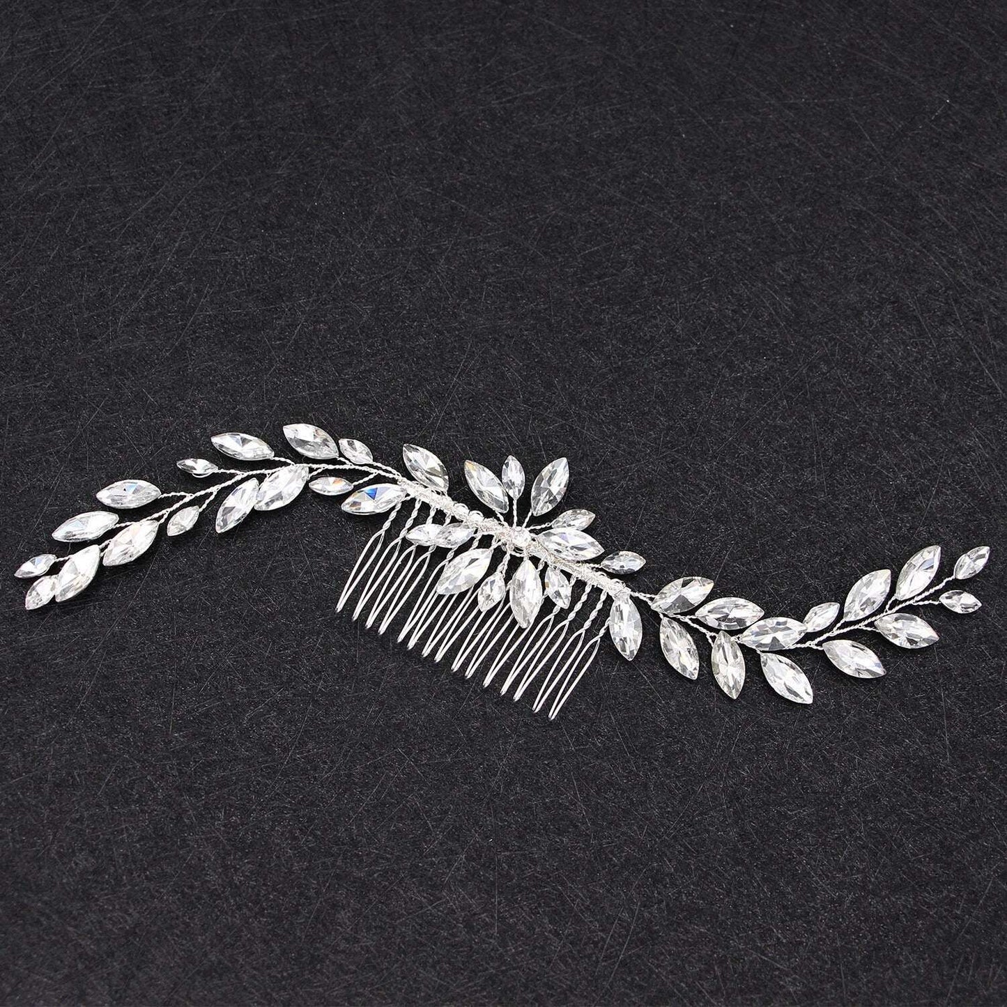 Close-up of a flexible rhinestone and crystal hair comb