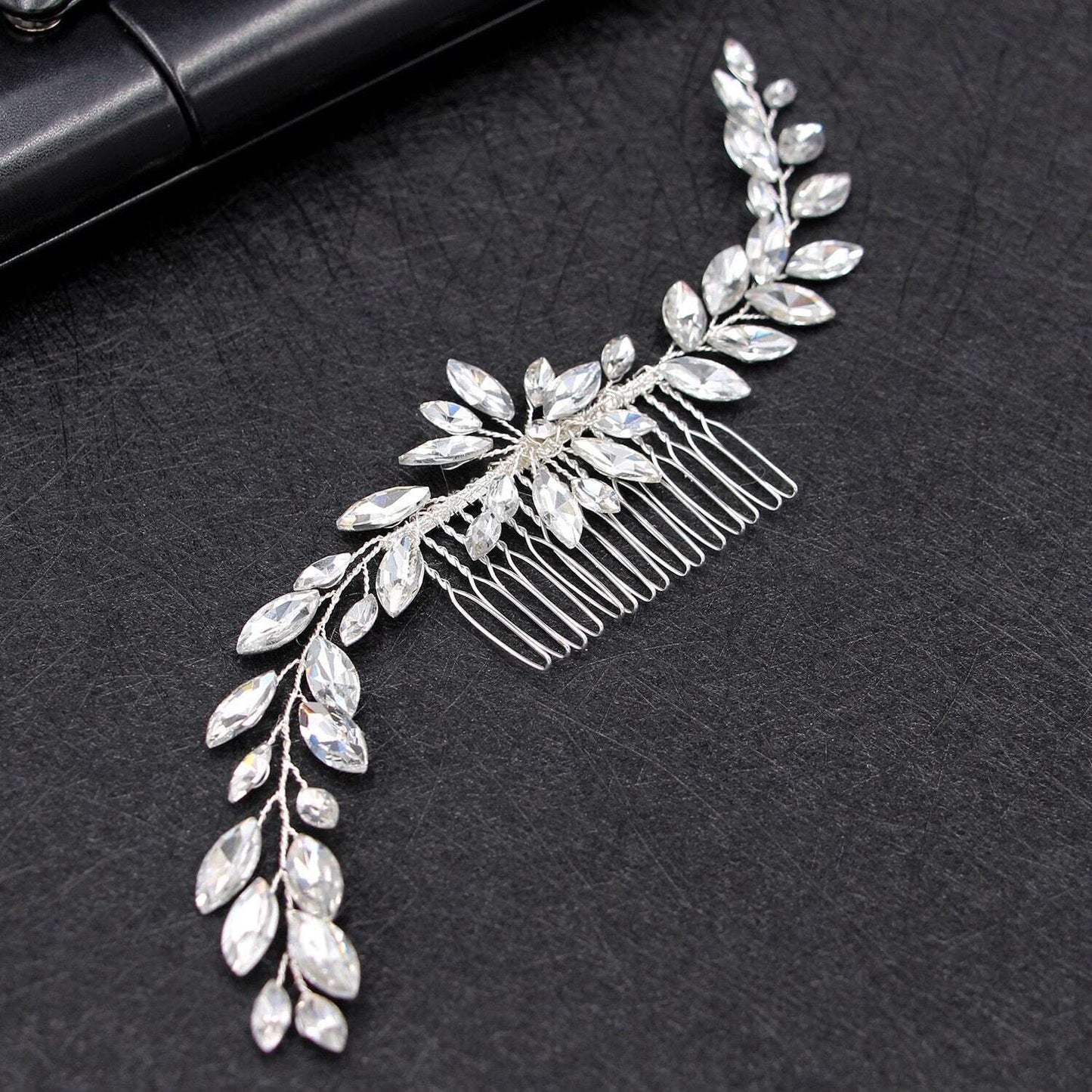Handmade silver-plated rhinestone hair comb with crystal flower details