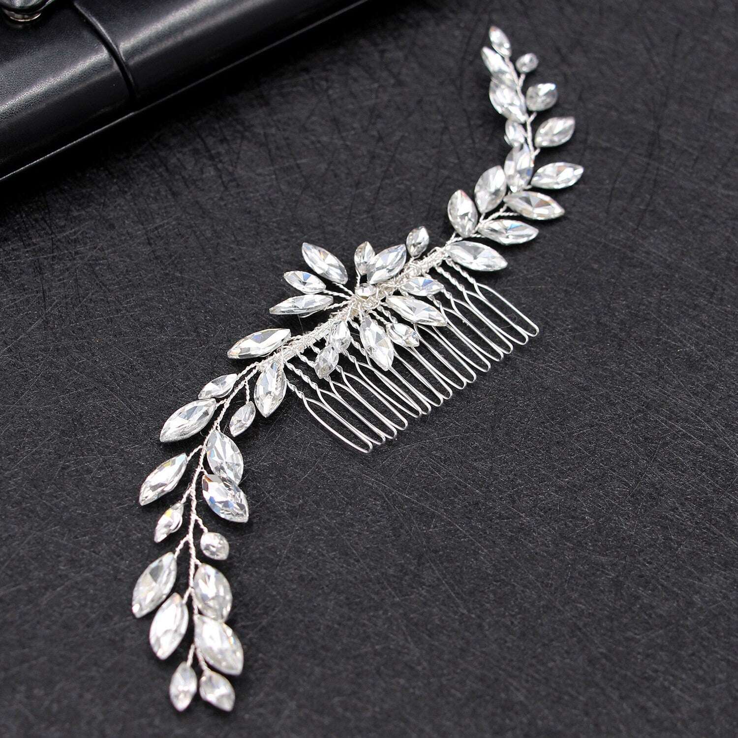 Handmade silver-plated rhinestone hair comb with crystal flower details