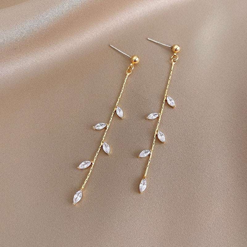 14K Gold Long Olive Leaf Dangle Drop Earrings.