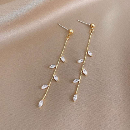 14K Gold Long Olive Leaf Dangle Drop Earrings.