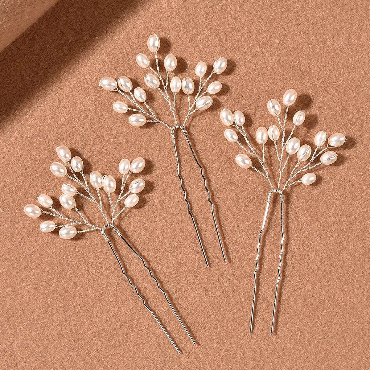 Set of 3 silver pearl branch hair pins for wedding hair