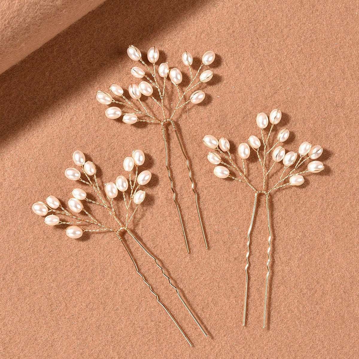 Set of 3 gold pearl branch hair pins for bridesmaids