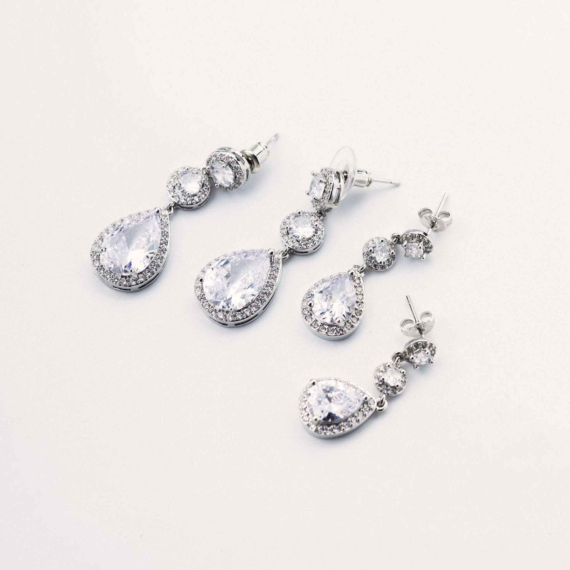 Handmade silver teardrop crystal bridal drop earrings