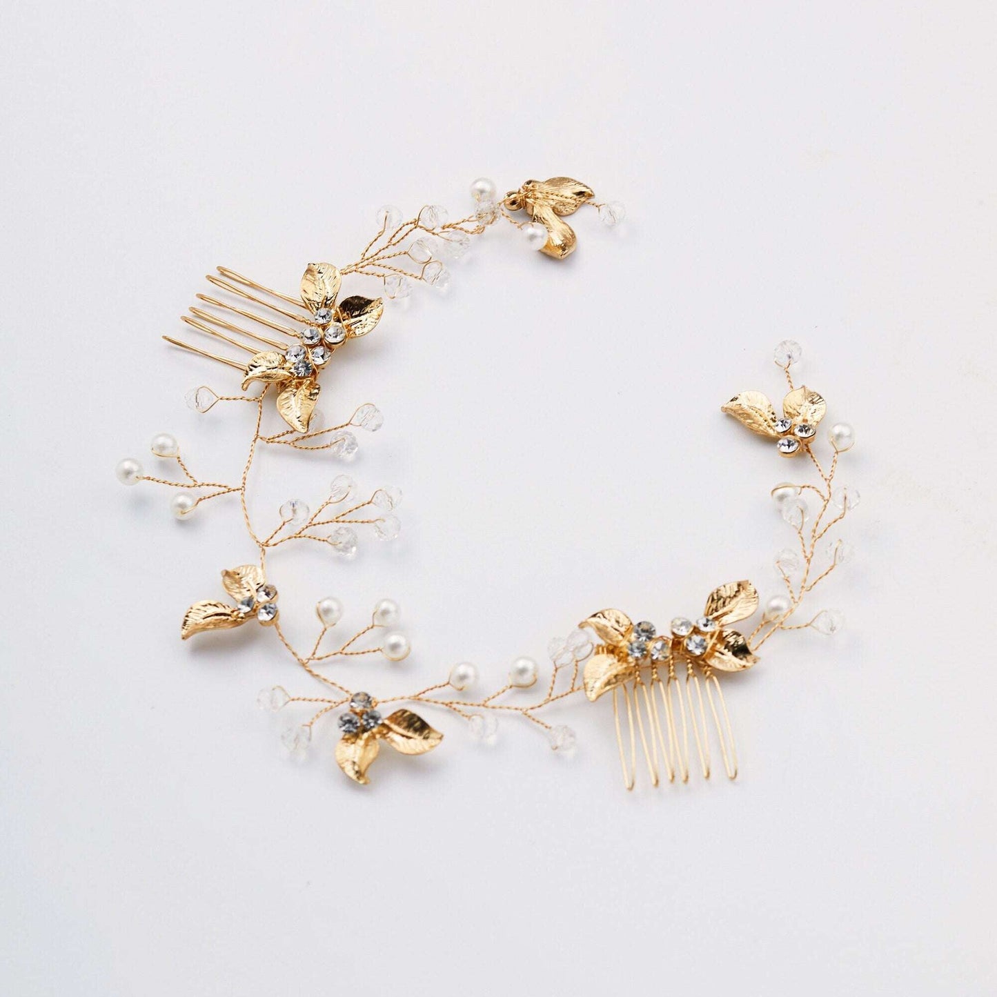 Gold plated bridal hair vine with pearl and crystal details