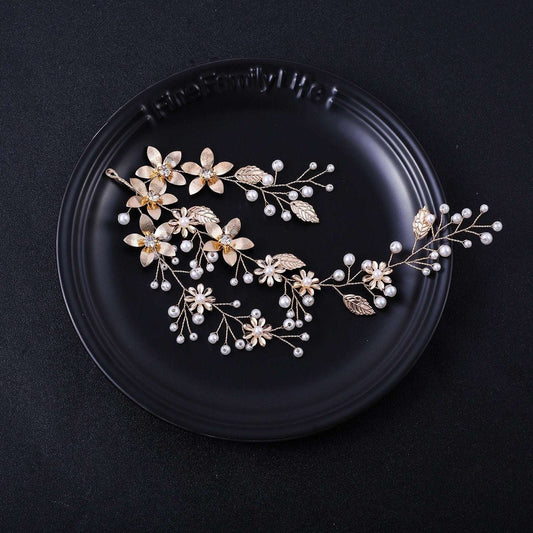 Pearl, Leaf and Crystal Wedding Bridal Hair Vine
