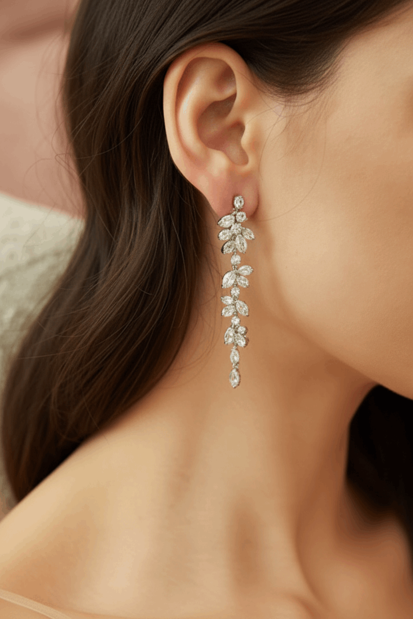 Crystal and pearl cascade drop earrings - full length side view showing complete earring