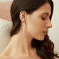 Crystal and pearl cascade drop earrings - bride head tilted down, earring natural drape