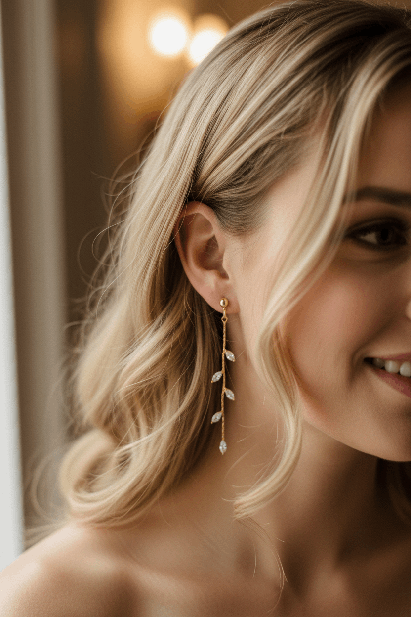 14K gold olive leaf crystal drop earrings worn by bride, elegant bridal styling