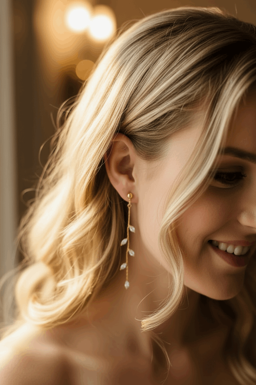 14K Gold Olive Leaf Crystal Drop Earrings - bride head tilted down, earring natural drape