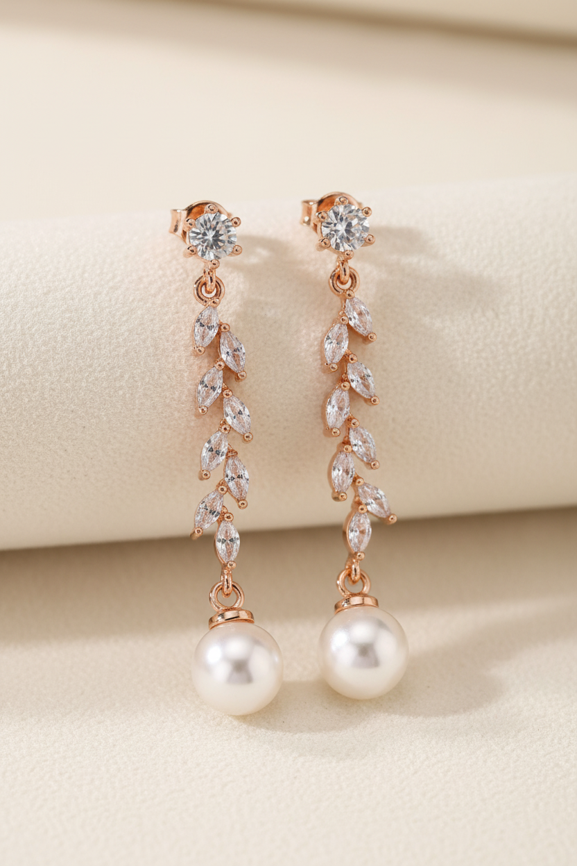 Rose gold leaf crystal and pearl bridal drop earrings