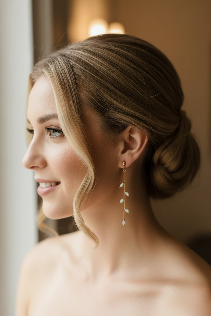 14K Gold Olive Leaf Crystal Drop Earrings - full side profile showing complete earring length