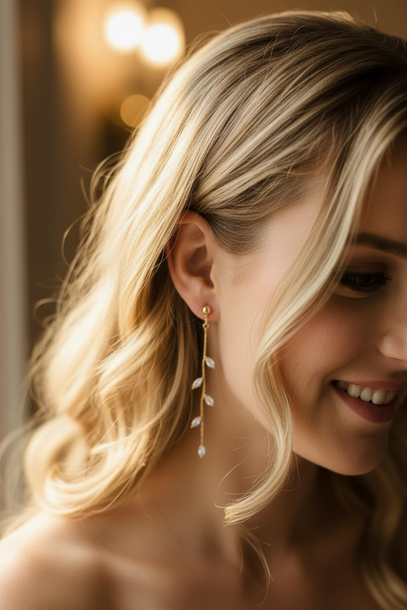 14K Gold Olive Leaf Crystal Drop Earrings - bride head tilted down, earring natural drape
