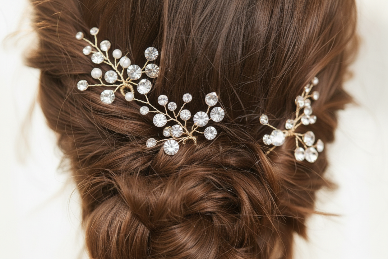 Close-up of the lustrous pearl on the handmade bridal hair pin