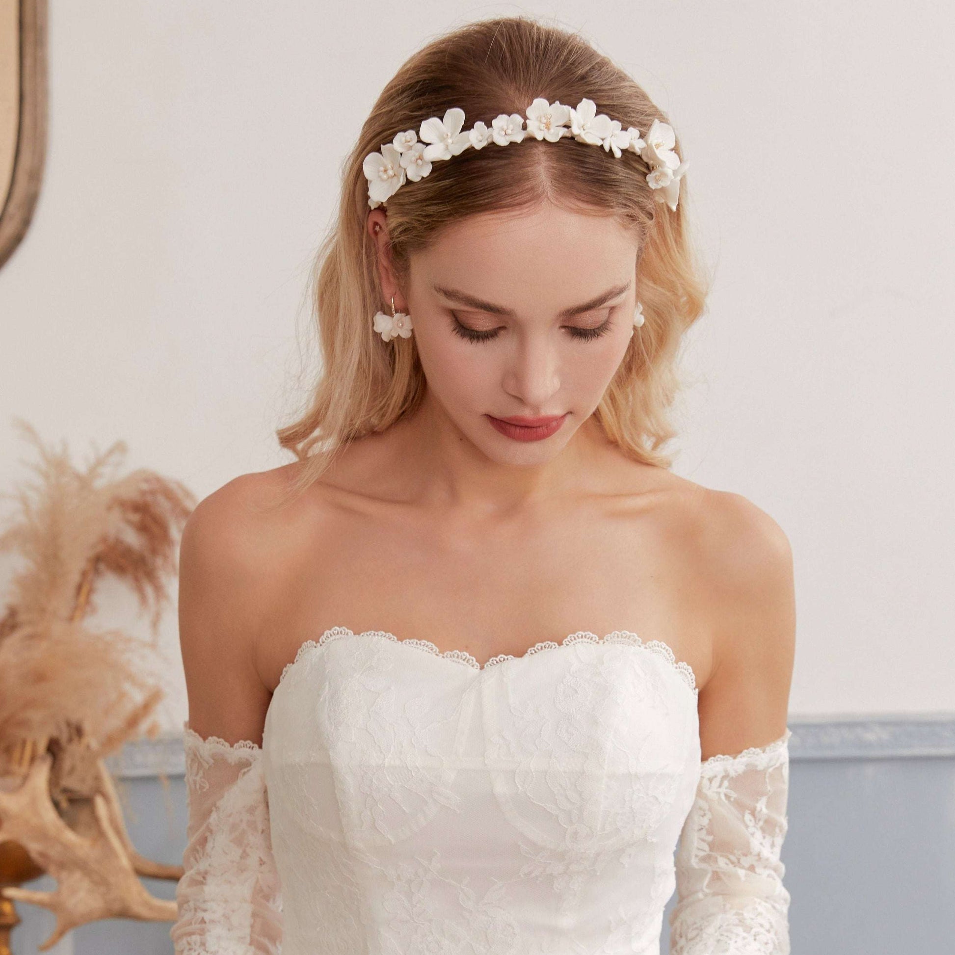 White Delicate Porcelain Floral Bridal Headband