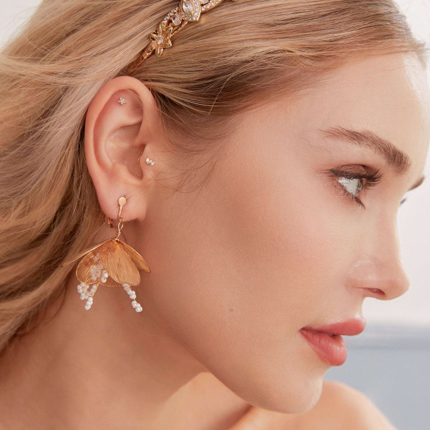 BELLA | Statement Gold Floral Bridal Dangle Earrings