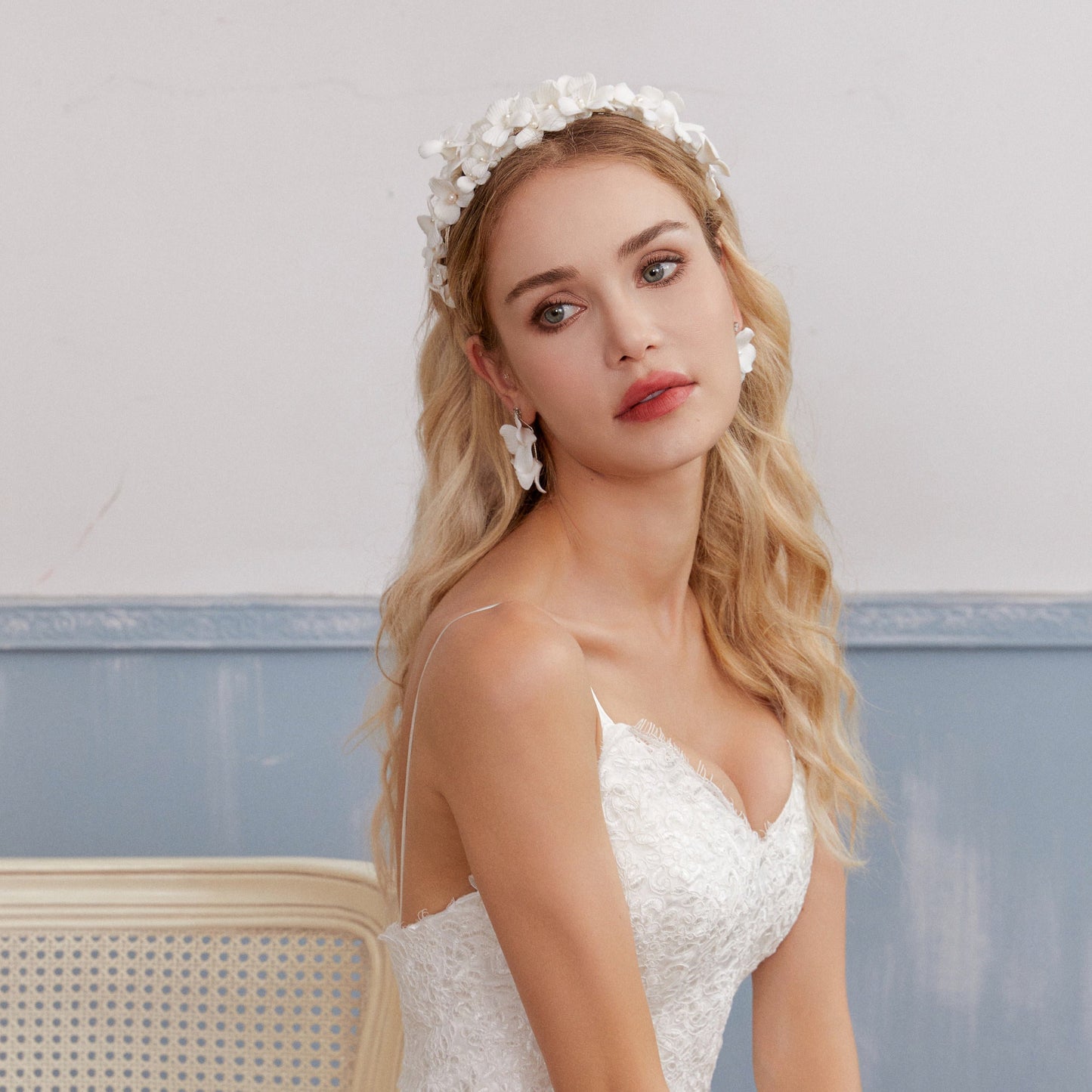 ANNA | White Porcelain Flower and Pearls Bridal Drop Earrings