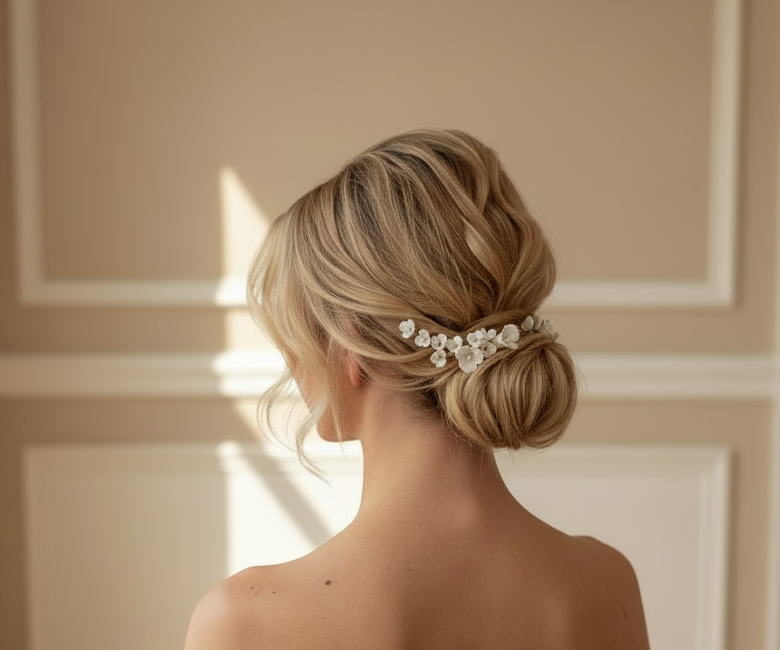 Model wearing the LILLIAN silver porcelain flower hairpin in a low bun