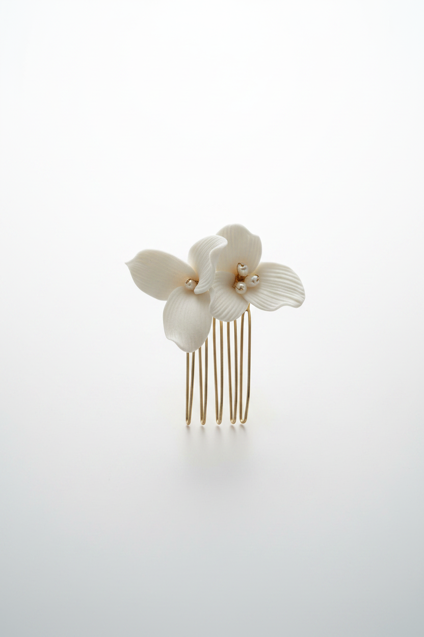 Handmade ceramic flower detail on bridal hair comb