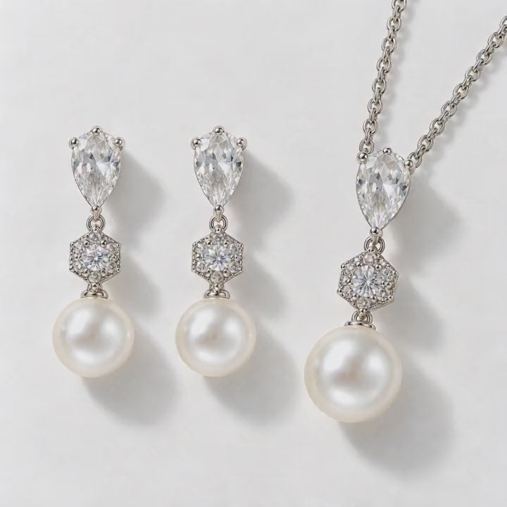 Crystal and pearl necklace and earrings set video preview