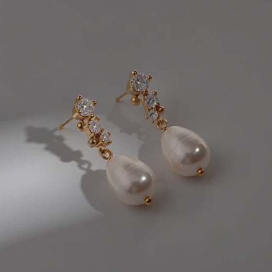Pearl diamond drop earrings in gold and silver - minimalist bridal jewelry