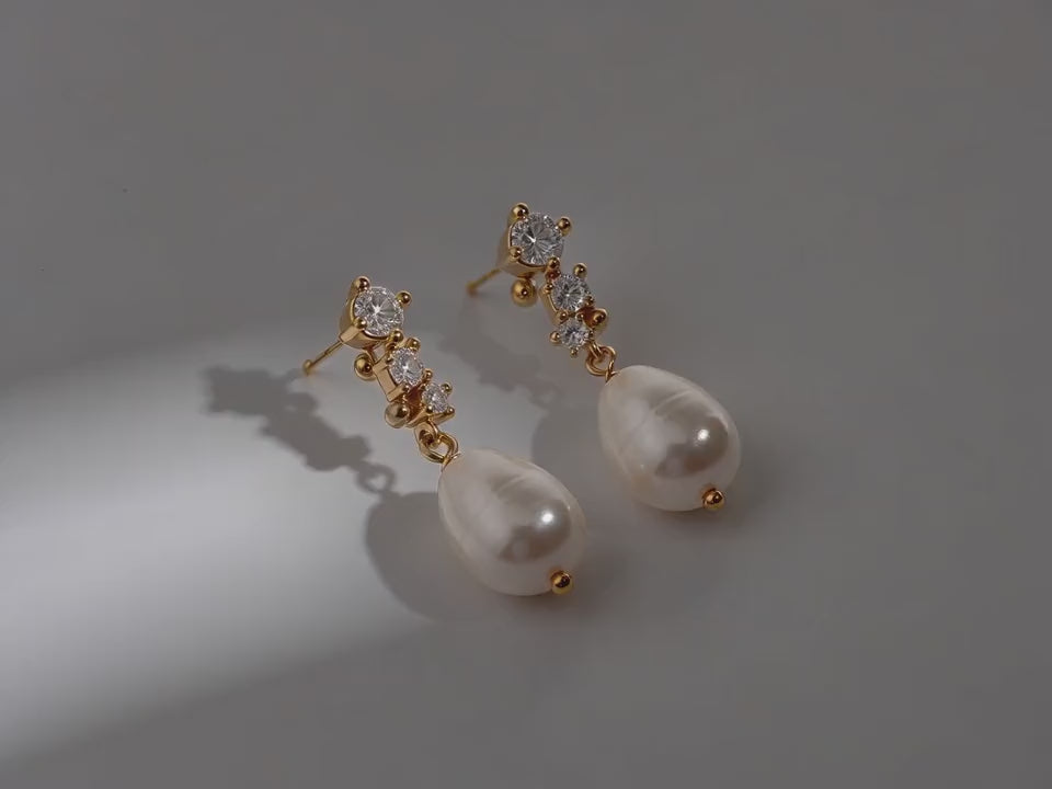 Pearl diamond drop earrings in gold and silver - minimalist bridal jewelry