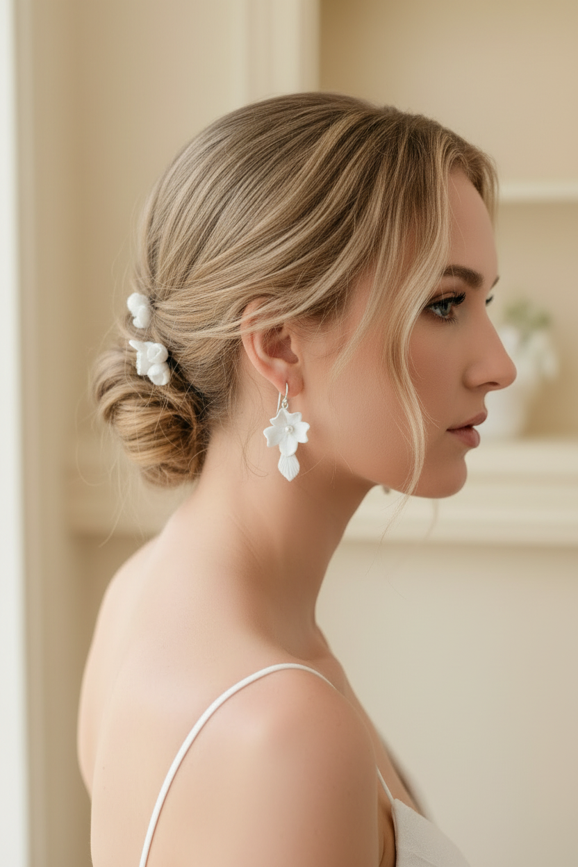 Bride in low bun hairstyle wearing white porcelain flower drop earrings and ceramic hair pins — bridal accessory set