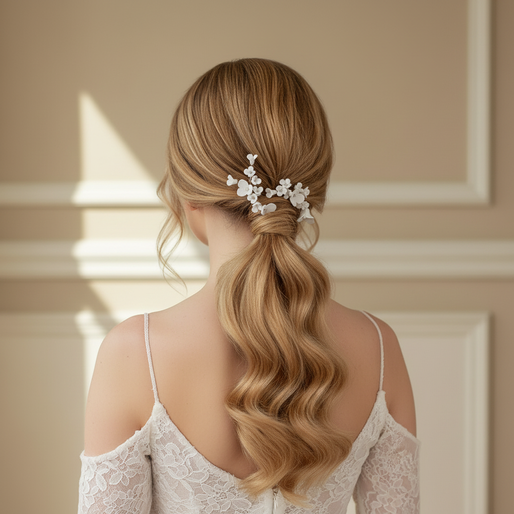 Model wearing the LILLIAN silver porcelain flower hairpin in a half-up style