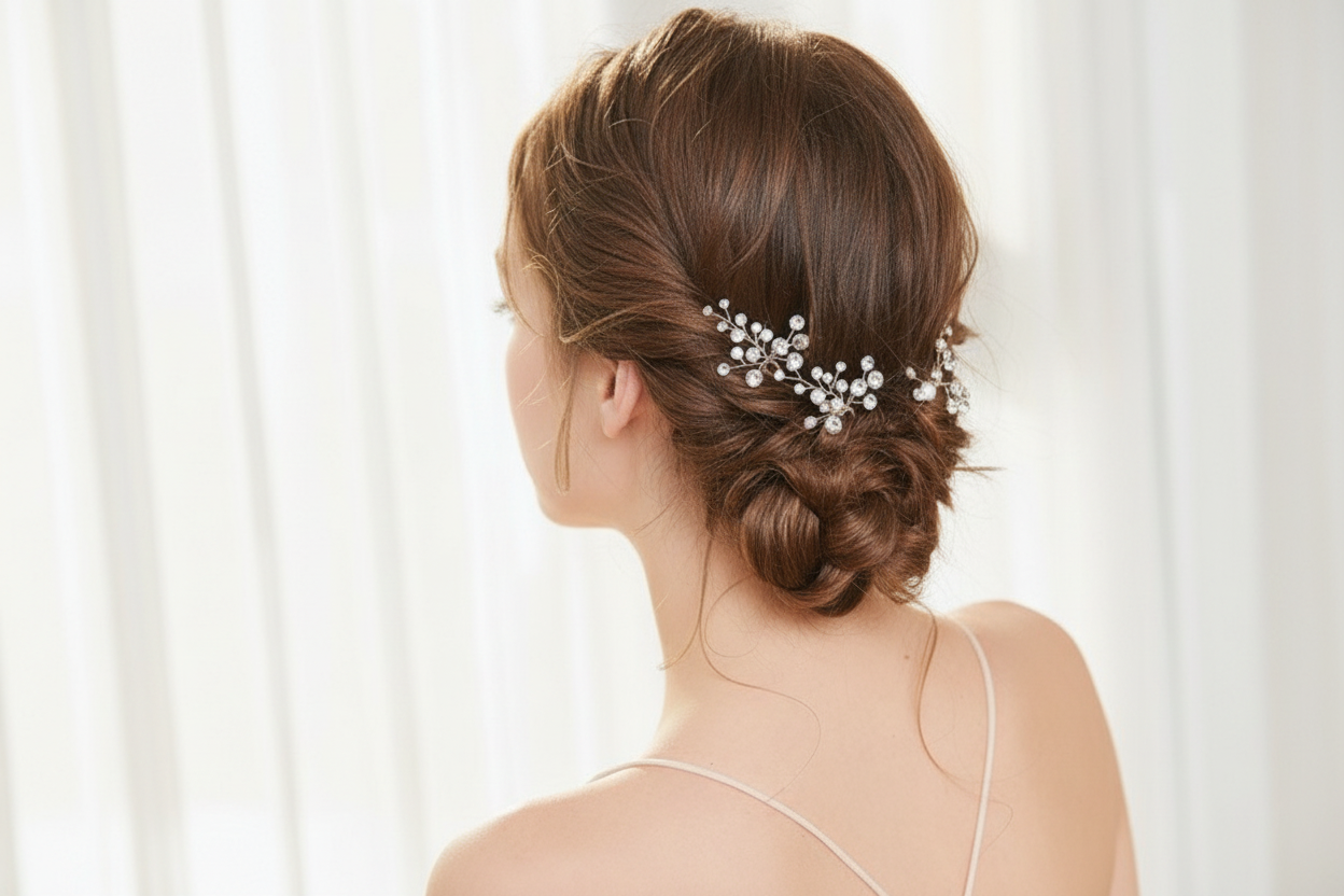 Side view of a bride wearing a delicate pearl hair pin