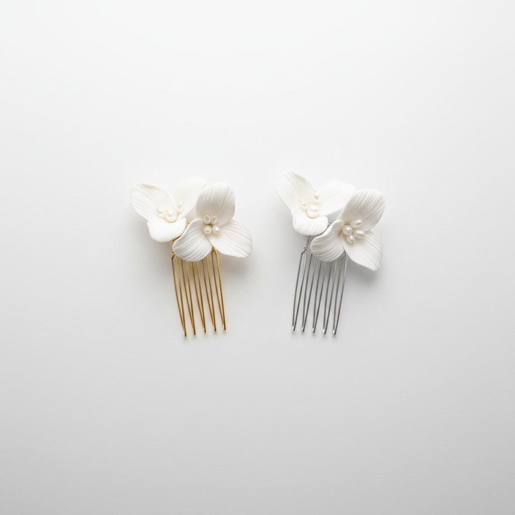 Ceramic flower bridal hair comb with matching earrings - white & gold
