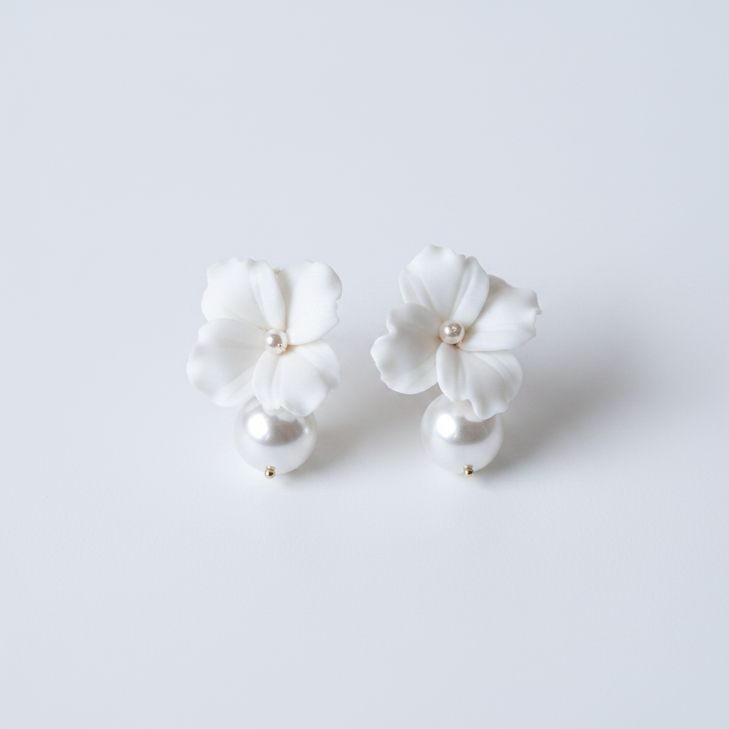 Handmade white porcelain flower drop earrings with pearl bead details, 5cm lightweight bridal earrings