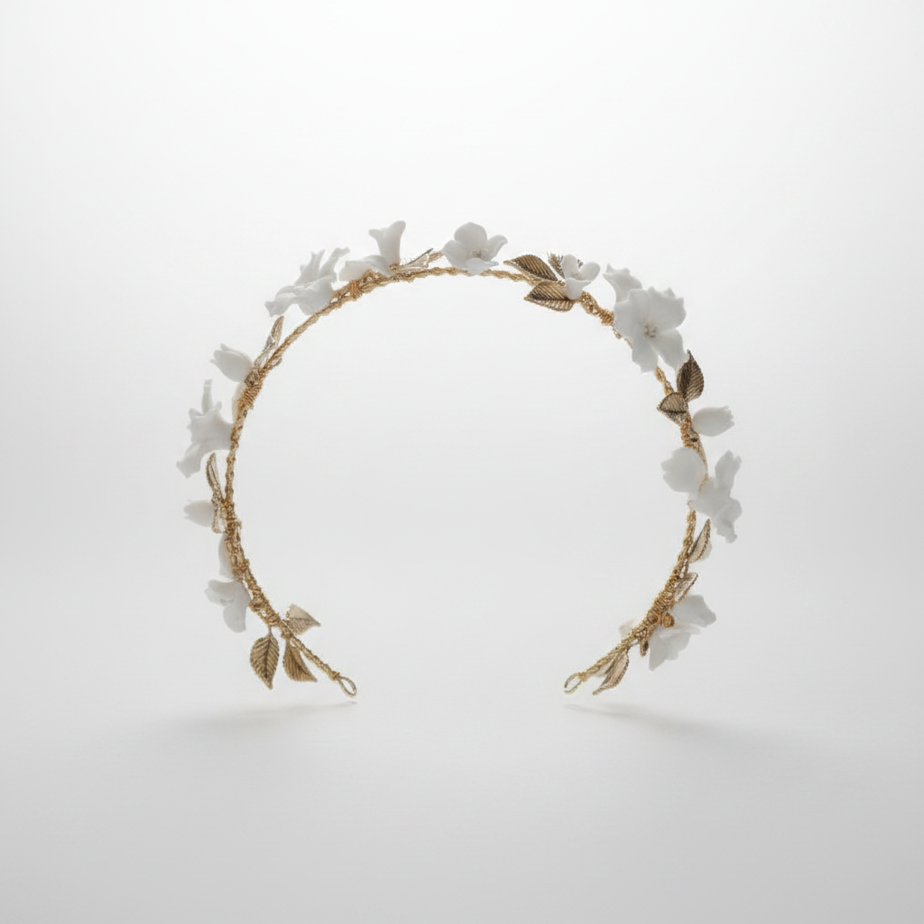 Side view of handmade white porcelain floral bridal halo with delicate gold leaf detailing