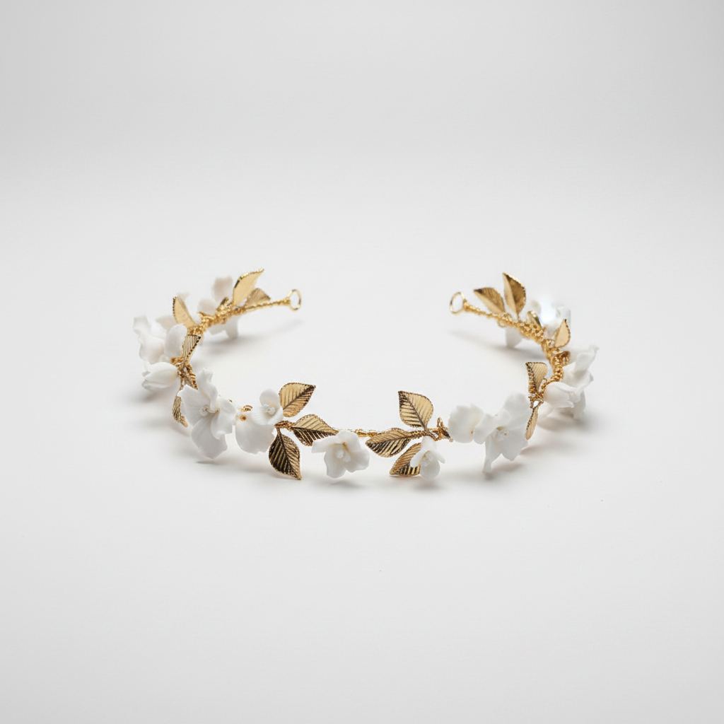 White porcelain flower bridal headband with gold leaves - wedding crown