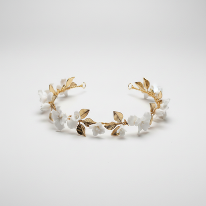 White porcelain flower bridal headband with gold leaves - wedding crown