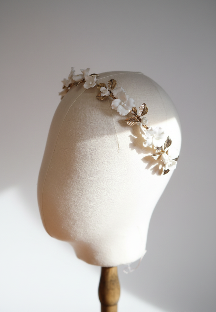 Delicate porcelain blooms handcrafted bridal headpiece
