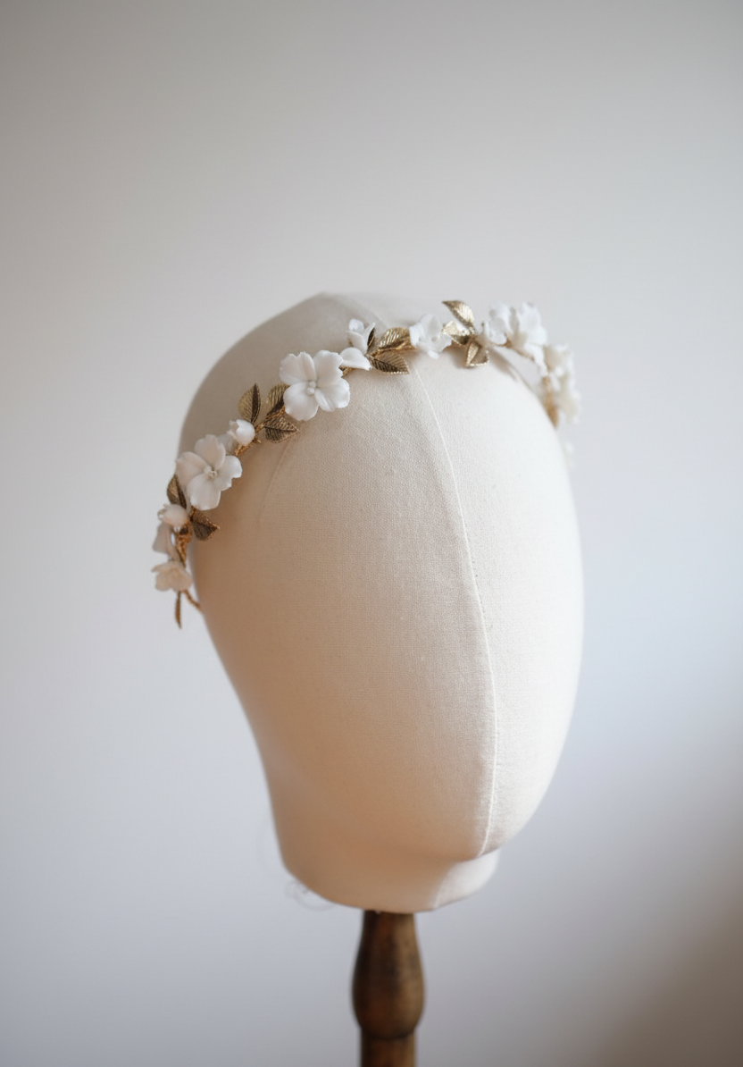 Delicate porcelain blooms handcrafted bridal headpiece