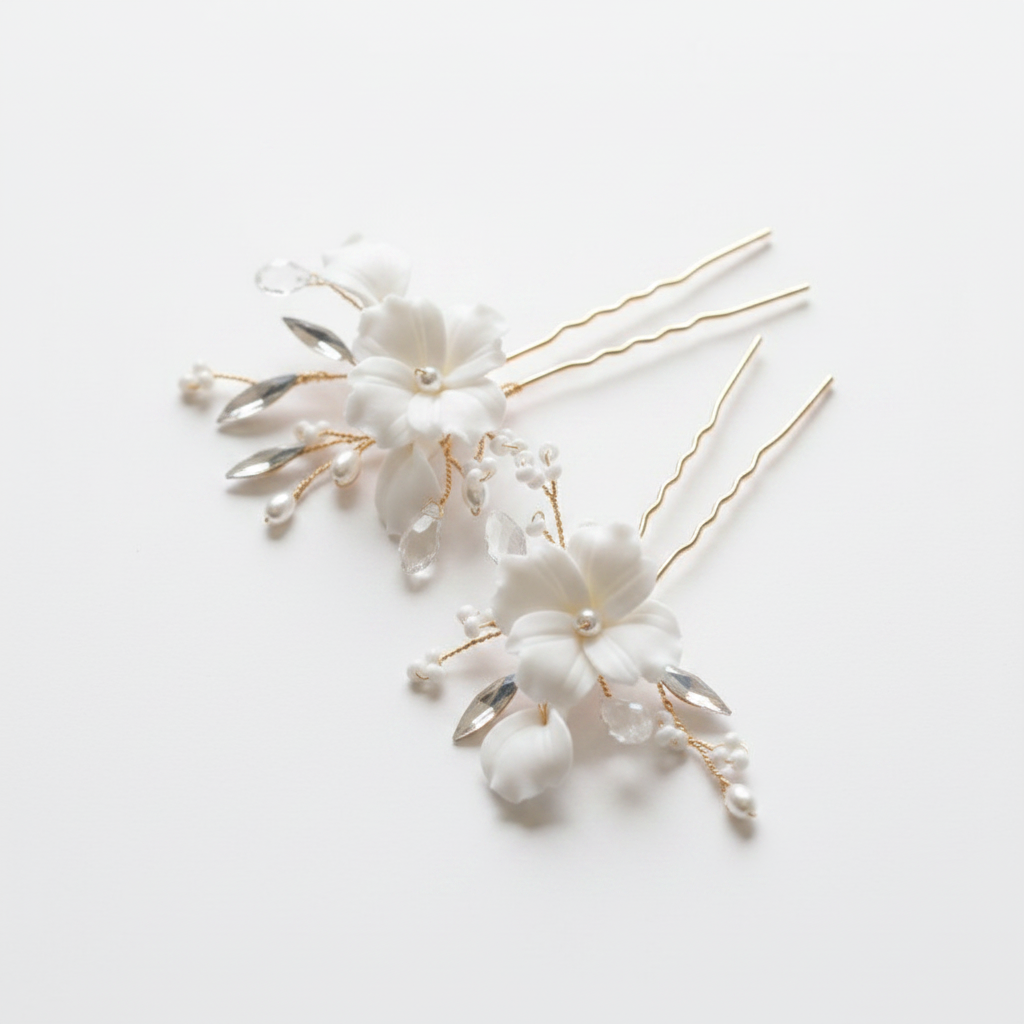 Set of two handmade white porcelain flower bridal hair pins with pearl accents, decorative gold pins