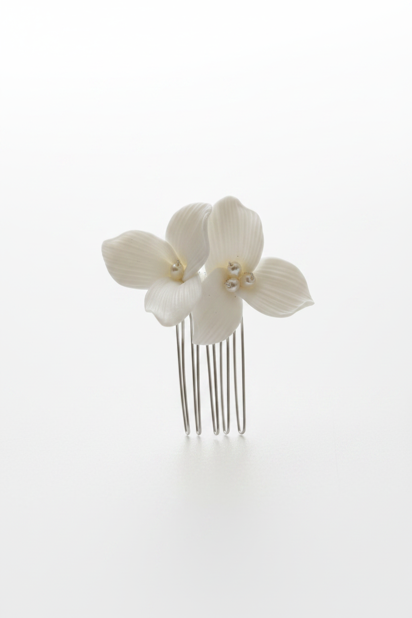 Handmade ceramic flower detail on bridal hair comb