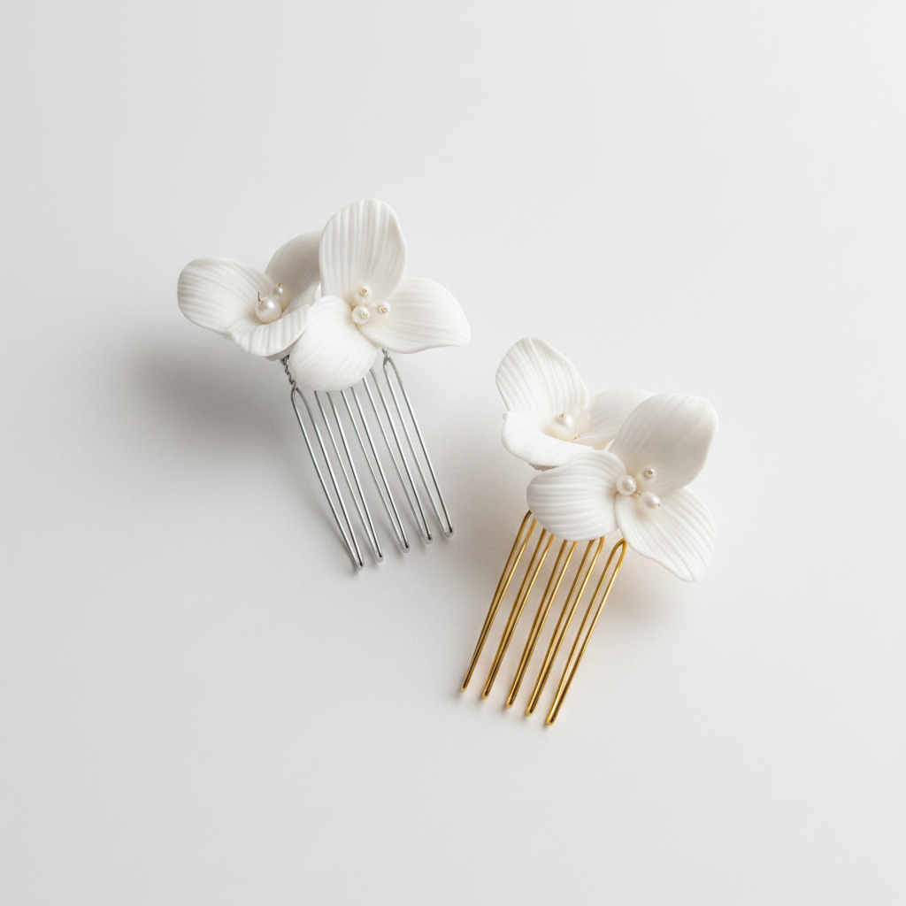 Handmade ceramic flower detail on bridal hair comb