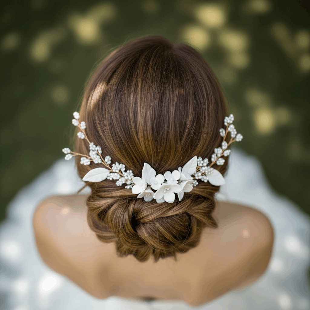 Close up of delicate white porcelain flower petals and lustrous pearl accents on a gold tone bridal hair comb.