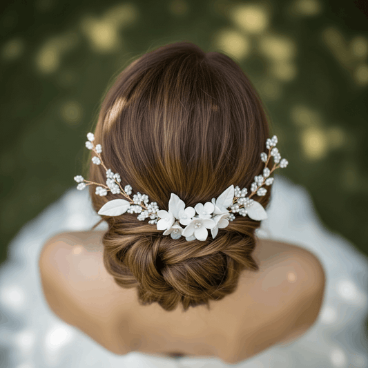 Close up of delicate white porcelain flower petals and lustrous pearl accents on a gold tone bridal hair comb.