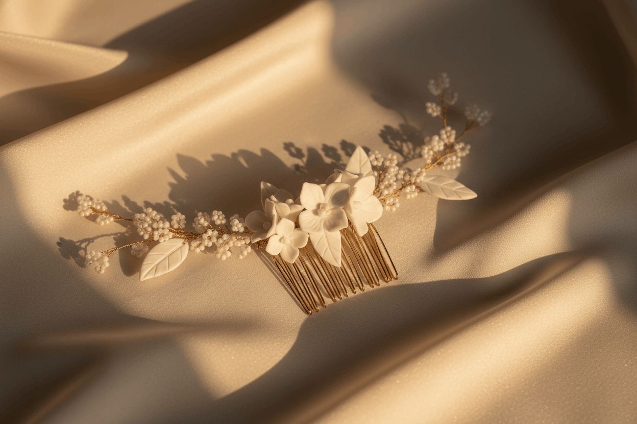 Close up of delicate white porcelain flower petals and lustrous pearl accents on a gold tone bridal hair comb.
