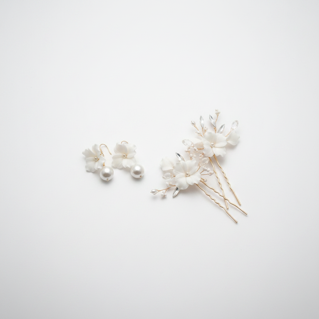 White porcelain flower bridal earrings and 2 hair pins set with pearl beads, handmade wedding accessories UK