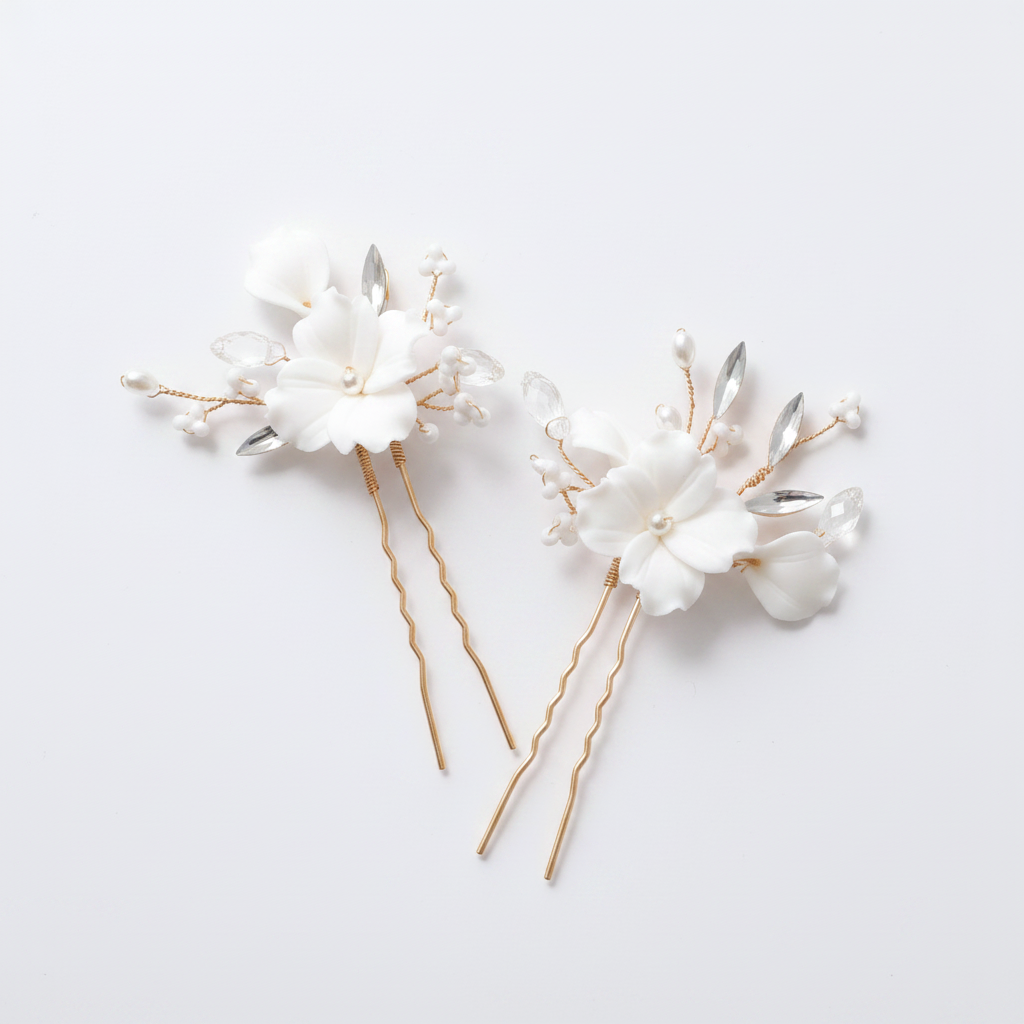 White porcelain flower bridal jewellery set with pearl beads in gold-tone finish